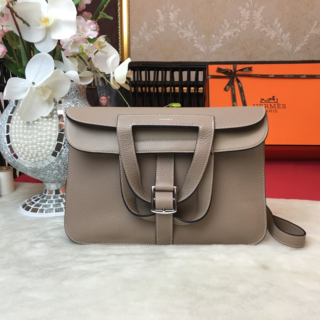 Hermes Halzan 31 Handbag Shoulder Bag In Grey Clemence Leather